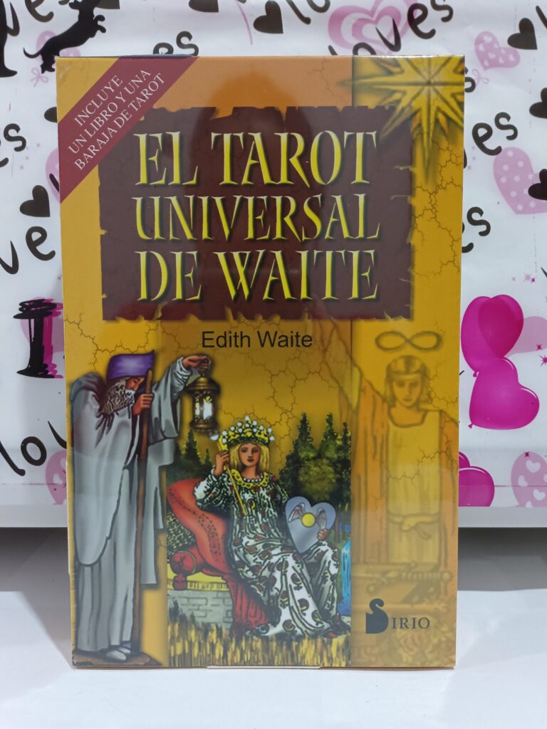Tarjeta de presentación del libro El Tarot Universal de Waite con ilustraciones coloridas de cartas de tarot