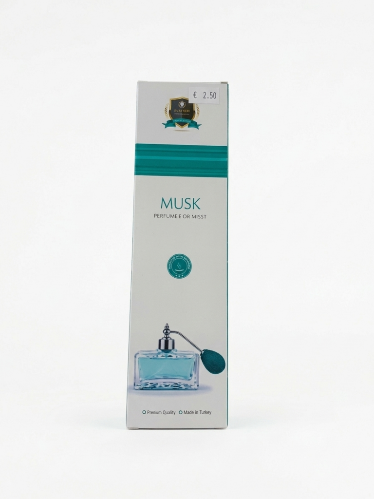 Caja de perfume Musk con precio de 2,50 euros y sello de calidad premium